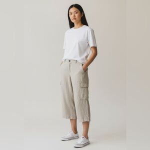 Eileen Fisher Linen Cargo Pants Cropped Beige Size Medium Hook Eye Closure